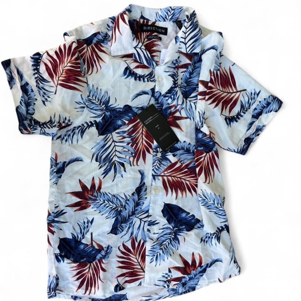 Direction Mens Tropical Leaf Print Button Down Shirt‎ White Blue Red KNWS3200